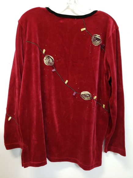 Susan Bristol Vintage Velour Rose Applique Red sz Lg Long Sleeve beads - Picture 7 of 7